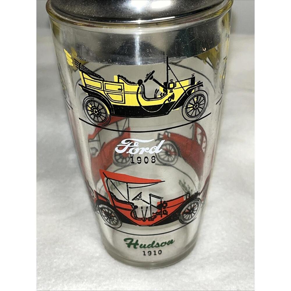 VTG Hazel Atlas Glass Cocktail Shaker & Lid And 4 Glasses Classic Car Designs - Picture 11 of 14